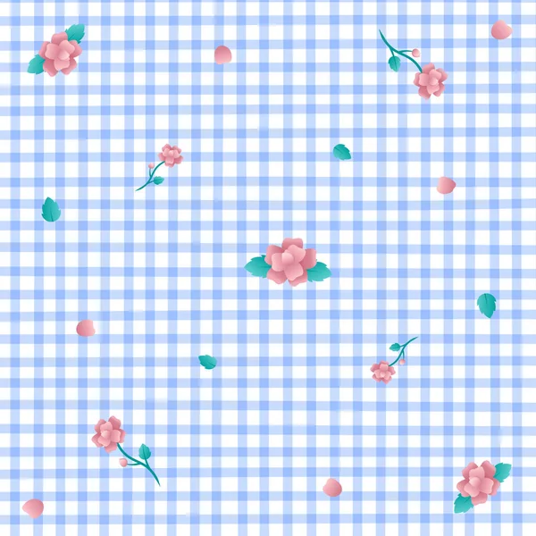 Rose Rose Fleur Bleu Gingham Patterns Contexte Coup Modifiable Illustration — Image vectorielle