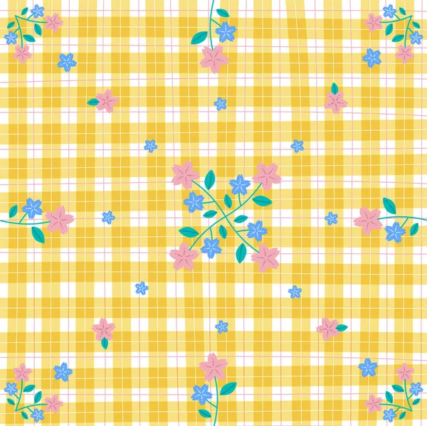 Gingham Jaune Avec Motifs Fleurs Sakura Contexte Coup Modifiable Illustration — Image vectorielle