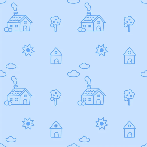 Esquema Plano Lindo Doodle Mínimo Casa Vector Patrón Diseño Azul — Vector de stock