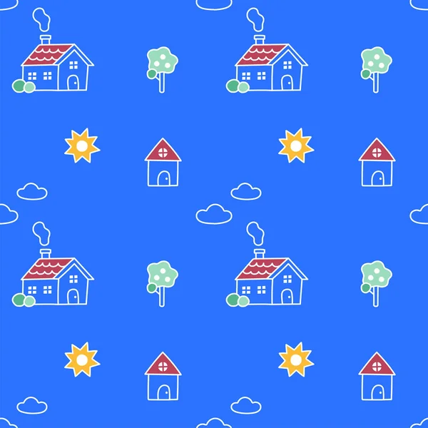 Obrysy Flat Cute Doodle Minimal House Vector Pattern Design Blue — Stockový vektor