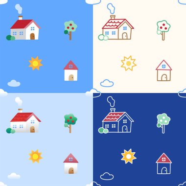 4 Tarz Özeti Düz Sevimli Minimum Ev Vektör Deseni Mavi Donanma Beyaz Arkaplan Düzenleme Vuruşu. Çizgi film kumaşı, piknik örtüsü, kumaş deseni, tekstil, ambalaj kağıdı..