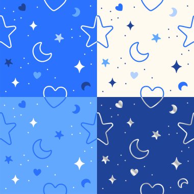 Ana hatları Sevimli Gece Gökyüzü Minimum Kalp Ay Yıldızı Vektör Deseni Beyaz Mavi Donanma Arkaplan Vuruşu. Çizgi film Çizim Kumaşı, Mat, Kumaş, Tekstil, Paket Kağıdı.