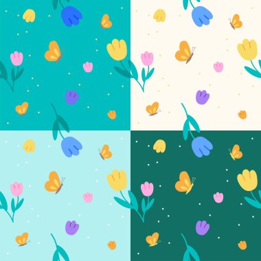 Düz Sevimli Minimum Lale Yaprağı ve Kelebek Vektör Deseni Beyaz Yeşil Naneli Turkuaz Arkaplan Çarpması. Çizgi film Çizgi Roman Kumaşı, Mat, Kumaş, Tekstil, Atkı, Ambalaj Kağıdı.