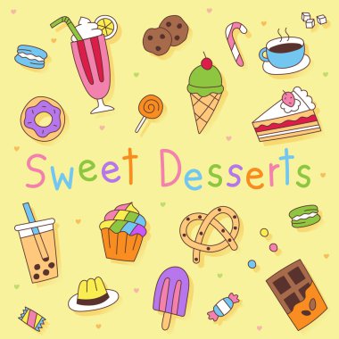 Sweet Icon Set Şirin Düz Tasarım Stili Sembol Vektör İlülasyonu, Macaron, Milkshake, Kurabiye, Dondurma, Şeker, Kahve, Kek, Sütlü Süt Pudingi, Kek, Kraker, Çikolata 