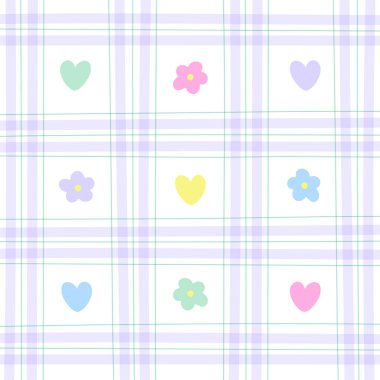 Şirin Element Kalp Çiçeği Gökkuşağı Pastel Gingham Şablon Düzenleme Vuruşu. Çizgi film bezi, minder, kumaş deseni, tekstil, atkı, ambalaj kağıdı..