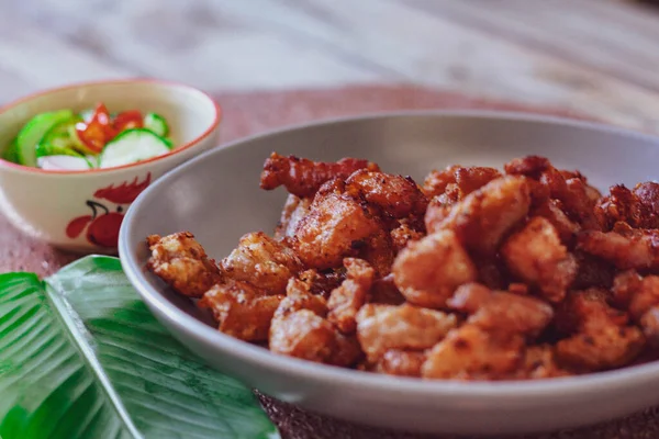 Fried Pork Belly Fish Sauce Sticky Rice Served White Plate — Stock Photo, Image