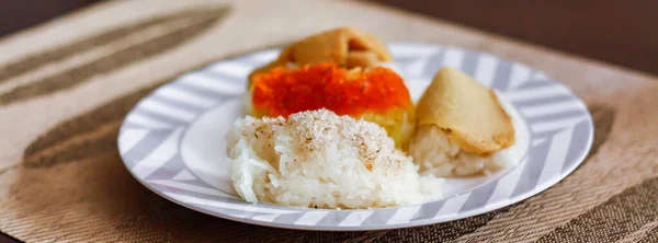 Sabores Postres Tailandeses Arroz Pegajoso Flan Cubierto Con Pescado Seco — Foto de Stock