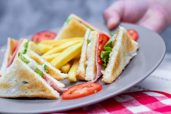 Panino Club Fette Disposte Piatto Grigio Con Pomodori Patatine Fritte — Foto Stock