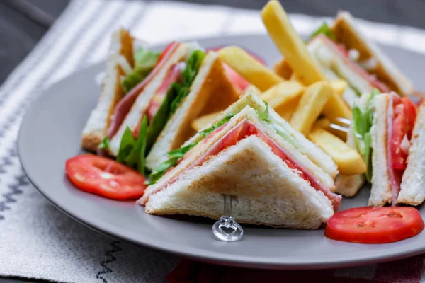 Club Sandwich Slices Laid Out Gray Plate Tomatoes Fries — Stock Photo, Image