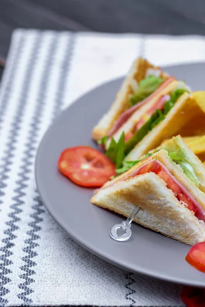 Club Sandwich Slices Laid Out Gray Plate Tomatoes Fries — Stock Photo, Image