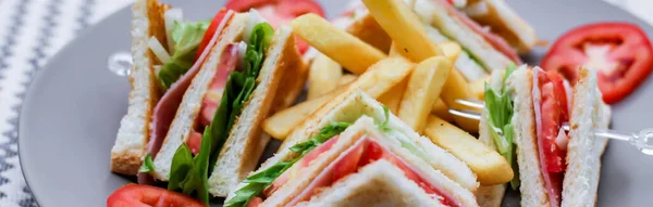 Panino Club Fette Disposte Piatto Grigio Con Pomodori Patatine Fritte — Foto Stock