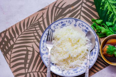 Eski bir tabakta pilav ve haşlanmış yumurta, Tayland yemeği ve Tayland 'da yaygın olan sokak yemekleri..