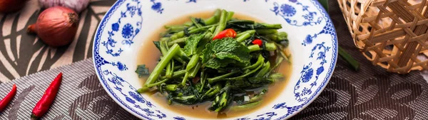 Stir Fried Morning Glory Soybean Paste Served Chinese Patterned Dish — Stock Photo, Image