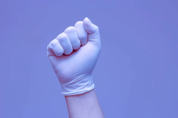 Hands Wearing Rubber Gloves Symbolize Fight Blue Background — Stock fotografie