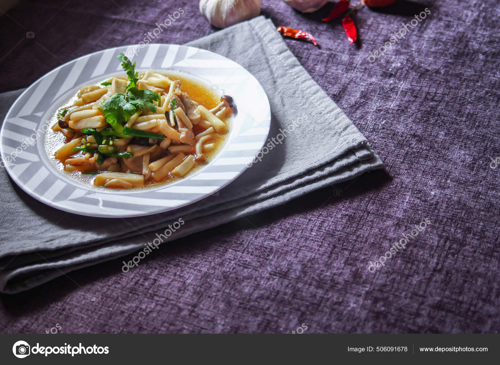 Enoki Mushroom Stir Fry Minced Pork Served White Plate Black Stock