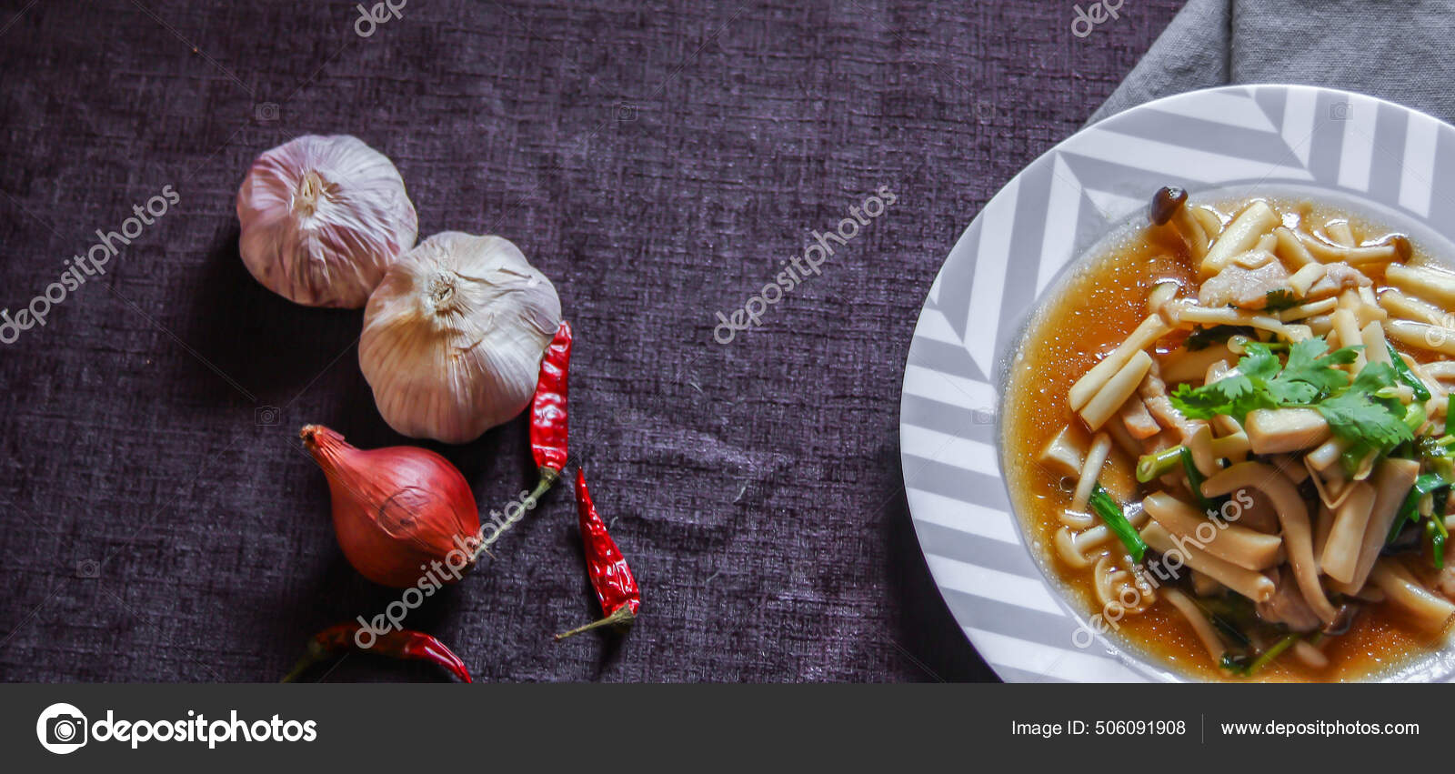 Enoki Mushroom Stir Fry Minced Pork Served White Plate Black Stock