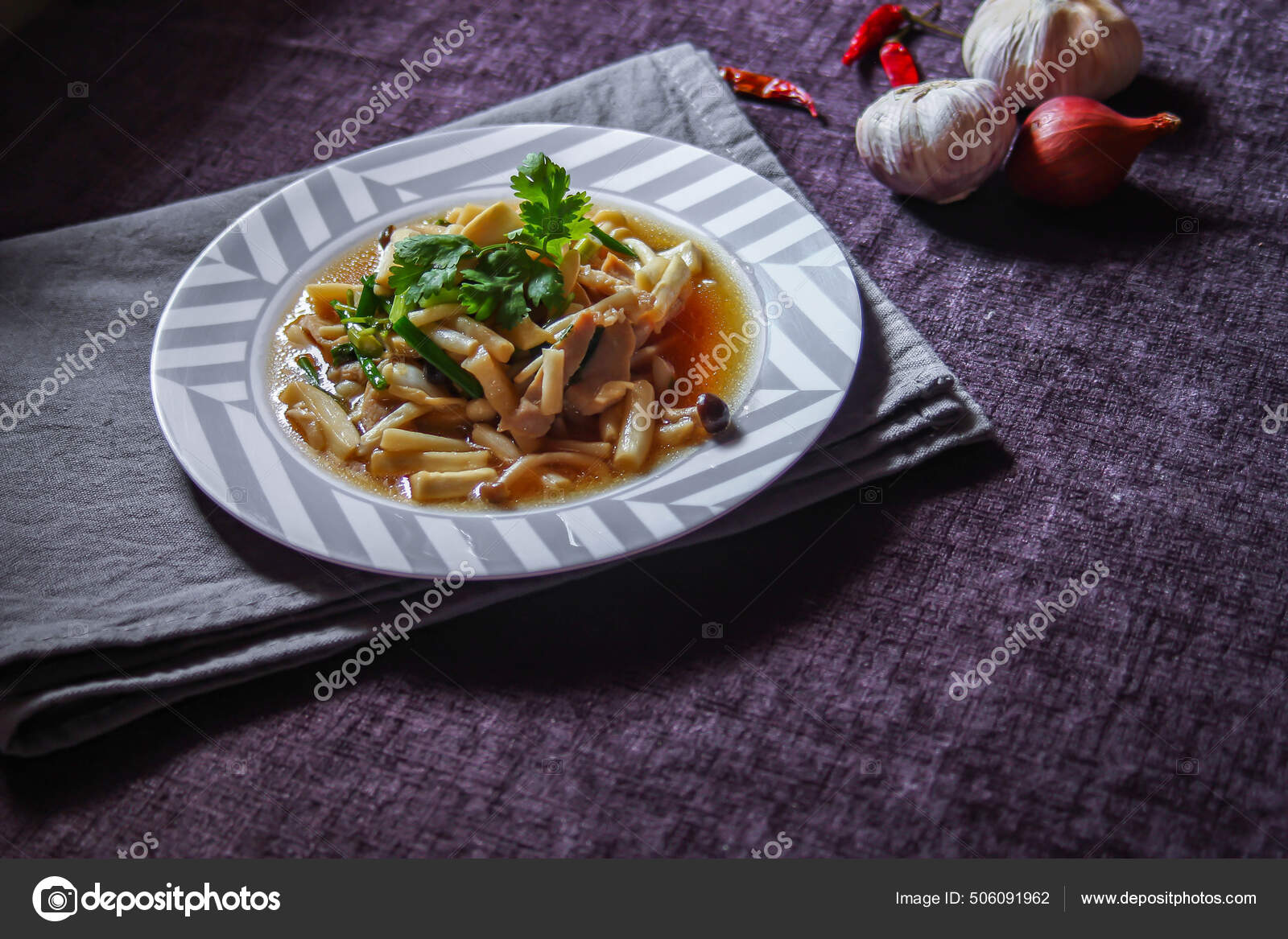 Enoki Mushroom Stir Fry Minced Pork Served White Plate Black Stock