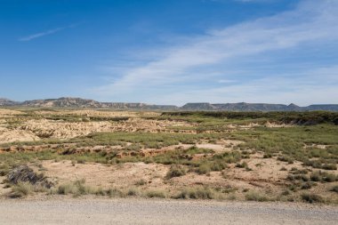Yazın, güneşli bir günde, Avrupa, İspanya ve Navarre 'daki Bardenas Reales' teki kurak tarla..