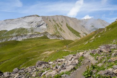 Avrupa 'daki Col du Bonhomme, Fransa, Auvergne Rhone Alpes, Haute Savoie, yazın güneşli bir günde.