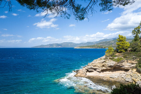 The coast at Stoupa in Europe, Greece, Peloponnese, in summer, on a sunny day.