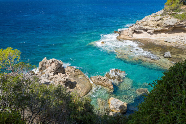 The coast at Stoupa in Europe, Greece, Peloponnese, in summer, on a sunny day.