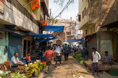 Prayagraj, Inde - 03-21-2024: Güneşli bir günde Asya, Hindistan, Uttar Pradesh, Prayagraj 'daki sebze pazarı. .