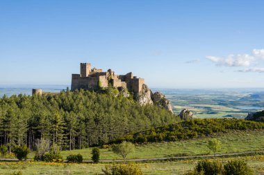 Loarre, Espagne - 05 07 2024: Avrupa 'daki Loarre Castle, İspanya, Aragon, Huesca, yazın güneşli bir günde. .