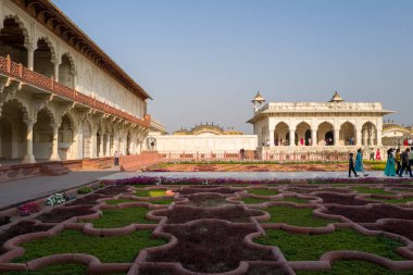 Agra, Inde - 03 11 2024: Agra Kalesi, Hindistan, Agra, Uttar Pradesh, Agra, Agra 'daki Beyaz Pavyon ve Anguri Bagh Bahçeleri. .