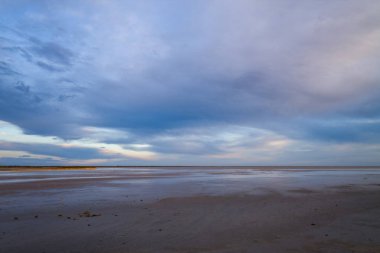 Camargue 'deki geniş gel-git kumları, yumuşak mavi ve lavanta ışığıyla bezenmiş bulutların altındaki ufka doğru uzanıyor ve sakin, açık bir kıyı atmosferi yaratıyor..