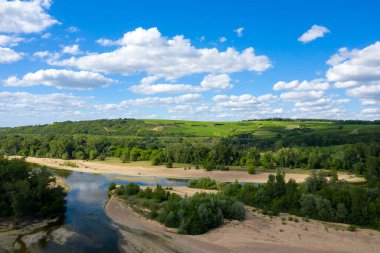 Loire nehri, yoğun yeşil ormanlarla ve dağınık kümülüs bulutlarıyla dolu canlı bir gökyüzünün altındaki sarmaşık tepeleriyle çevrili kumlu kıyılarda esiyor. Manzara açık, güneşli ve zıt dokular bakımından zengin..