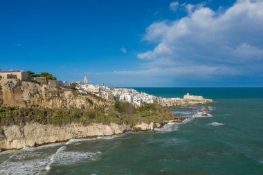 İtalya 'nın güneyindeki Adriyatik Denizi' ne bakan engebeli kireçtaşı kayalıklarının tepesindeki eski Vieste kasabasının beyaz yıkanmış binaları. Sahne parlak gün ışığıyla aydınlanıyor, dokulu kaya yüzleri ve dinamik bir gökyüzünün altında derin mavi su ile..
