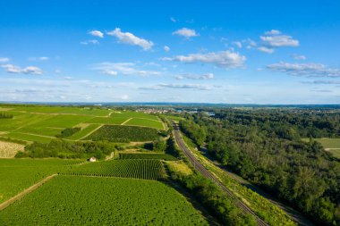 Geniş yeşil üzüm bağları ve Pouilly sur Loire yakınlarındaki parlak mavi gökyüzünün altında yuvarlanan tepeler boyunca uzanan bir demiryolu hattı. Manzara güneşli, açık ve sakin, yemyeşil tarlaları ve uzak köyü ile görünür..