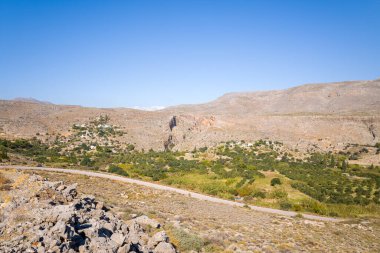 Bright landscape with a winding rural road cutting through a sunlit mountain valley near Kato Zakros, Crete. Rocky slopes and scattered greenery contrast beneath a clear blue sky, evoking a sense of openness and quiet.