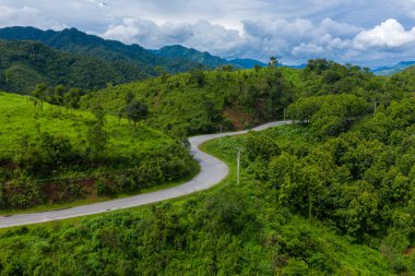 Kıvrımlı kırsal bir yol Laos 'un dağlık bölgesindeki dramatik bir gökyüzü altında canlı yeşil tepeler ve yoğun bitki örtüsü boyunca esiyor. Manzarada yuvarlanan arazi, dağınık ağaçlar ve uzak mavi tepeler var. Uzak yolculuk hissi uyandırıyor.