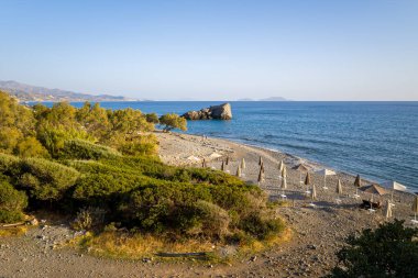 Kapalı şemsiyeler ve sakin, berrak mavi suyun yanında yemyeşil kıyı bitkileriyle kaplı çakıllı bir sahil manzarası. Parlak, bulutsuz bir gökyüzü altında uzak kayalıklar ve dağlar sakin bir sahil atmosferi yaratır..