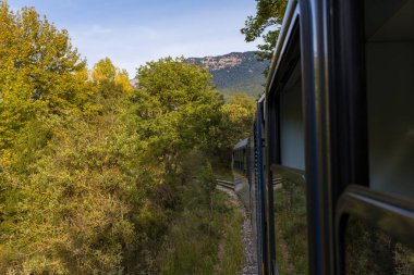 Dar ölçülü bir tren, yoğun yeşil orman ve sonbahar yaprakları ile çevrili raylar boyunca kıvrımlar çizer ve engebeli bir dağ sırtı da uzaktan görülebilir. Yumuşak gün ışığı, Mora kırsalındaki doğal manzarayı ve yolculuğu vurgular..