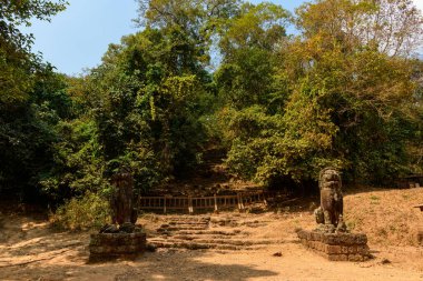 Ancient stone lion statues flank the entrance to a weathered stairway leading into dense forest at Phnom Bakheng near Siem Reap, Cambodia. The scene is set under clear daylight with dry earth, leafy trees, and rustic wooden signs marking the