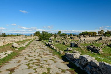 A wide cobblestone street runs between weathered stone walls at the archaeological site of Paestum, Italy. The scene is bathed in clear sunlight, with scattered ruins, green grass, and a vivid blue Mediterranean sky stretching overhead.