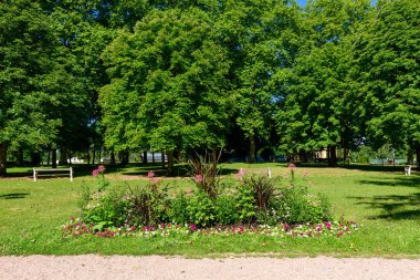 Pembe ve beyaz çiçeklerle dolu canlı çiçek yatağı yemyeşil ağaçlarla çevrili manikürlü bir çimenlikte ve huzurlu bir Saint-Honore-les-Bains parkında benekli güneş ışığıyla oturmaktadır..
