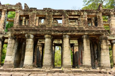 Bir sıra yıpranmış kumtaşı sütunu, Kamboçya Angkor bölgesindeki Preah Khan tapınağının antik galerisini destekler. Tarihi yapıda, net bir şekilde çevrelenmiş tropikal ağaçlar tarafından çerçevelenmiş karmaşık oymalar ve dokulu taş yüzeyler yer alıyor.