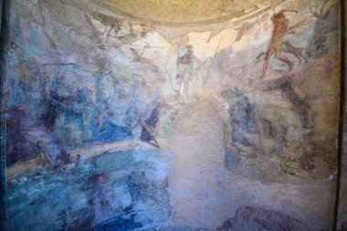 Mitolojik figürler ve hayvanlarla dolu antik Roma duvar resmi İtalya 'nın Pompeii kentindeki Menander Hanedanı' nda yıpranmış bir odayı dekore ediyor. Parçalanmış fresk, yumuşak doğal ışık altında sessiz renkler, çatlak alçı ve tarihi dokulara sahiptir..