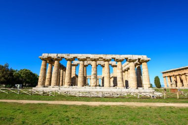 İtalya 'nın Paestum kentindeki antik Bazilika, güçlü Doric sütunlarıyla ve canlı mavi gökyüzünün altında yıpranmış taşlarıyla ayakta duruyor. Güneş ışığı geometrik çizgileri ve kırsal eskrim ve Akdeniz yeşili çerçeveli açık arkeolojik alanları vurguluyor.