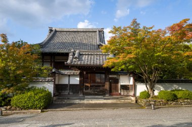 Kyoto 'daki tarihi ahşap tapınak kapısı canlı yeşil ve turuncu akçaağaçlar tarafından çerçevelenmiş, desenli çatı kiremitleri ve yumuşak öğleden sonra ışığı barışçıl bir atmosfer yaratıyor..
