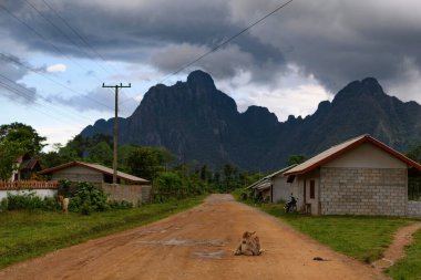 A quiet dirt road lined with simple houses and utility poles leads toward dramatic limestone peaks under heavy clouds near Vang Vieng, Laos. A single cow rests in the center, adding a tranquil touch to this moody rural landscape.