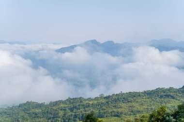 Vietnam 'ın Dien Bien kentindeki yemyeşil bir ormanın üzerindeki engebeli dağ tepelerinde dalgalanan beyaz bulutlar. Yumuşak bir sabah ışığı ve berrak bir gökyüzü Sakin, havadar bir manzara yaratır.