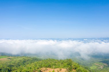 Yoğun beyaz bulutlar yemyeşil bir arazinin üzerinde süzülüyor ve Vietnam 'da Dien Bien' de yuvarlanan tepeler. Parlak mavi gökyüzü ve yumuşak gün ışığı havadar, geniş bir manzara yaratır..