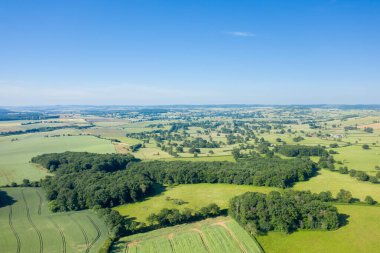 Nivernais kırsalındaki açık mavi gökyüzünün altında yoğun ormanlık ve dağınık ağaçlarla kaplı uçsuz bucaksız yeşil tarlaların görüntüsü..