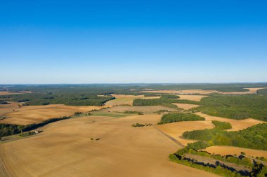 Geniş hava perspektifi, Cuncy les Varzy yakınlarındaki uçsuz bucaksız mavi gökyüzünün altındaki yeşil ormanlık alanla karışmış altın tarlaların uçsuz bucaksız olduğunu gösteriyor. Açık arazi ve nazik ufuk merkezi bir berraklık ve kırsal boşluk hissi uyandırıyor.