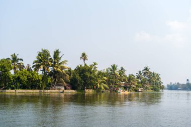 Yoğun palmiye ağaçları ve yemyeşil alanlar, Kerala 'nın Alappuzha kentinde sakin bir nehir kıyısına sınırdır. Sakin su, yumuşak gün ışığı ve berrak gökyüzü altındaki tropikal araziyi yansıtır..