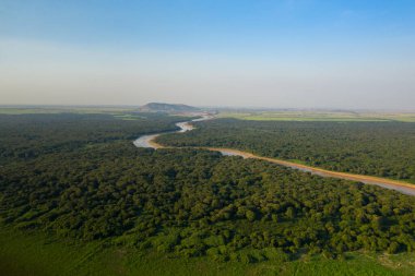 Kamboçya 'daki Tonle Sap yakınlarındaki yoğun yeşil ormanı ve açık tarım arazisini kesen dolambaçlı bir nehrin havadan görünüşü. Geniş arazide zengin bitki örtüsü, uzak tepeler ve kırsal kesimin sakin atmosferini yakalayan açık mavi bir gökyüzü bulunur.